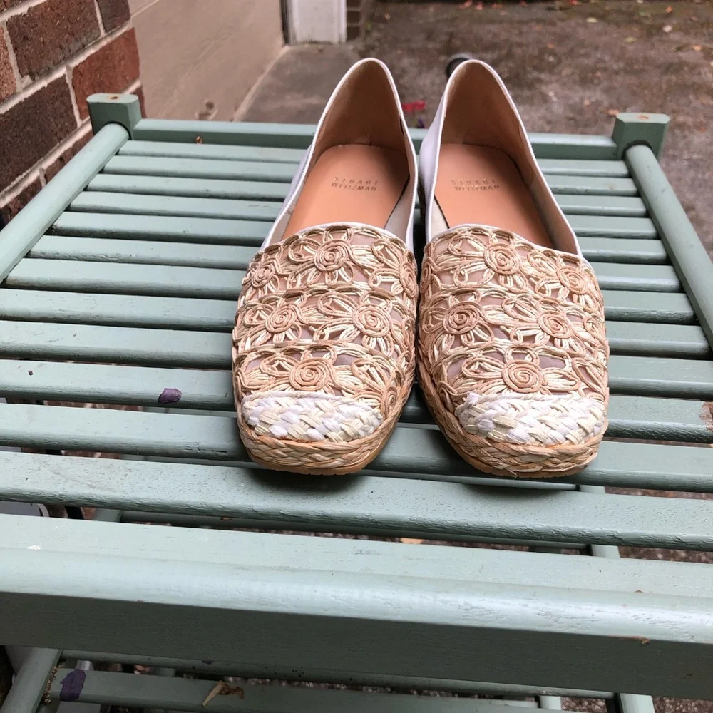 Stuart Weitzman  Cream White Leather/Straw Wedge - Picture 2 of 9